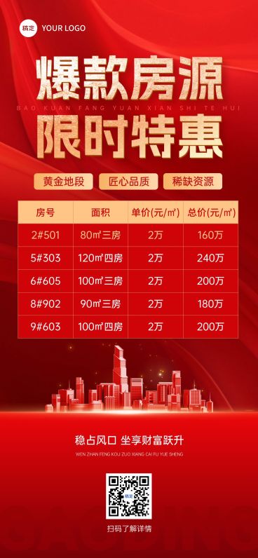 房地产中介促销感红金全屏竖版海报预览效果