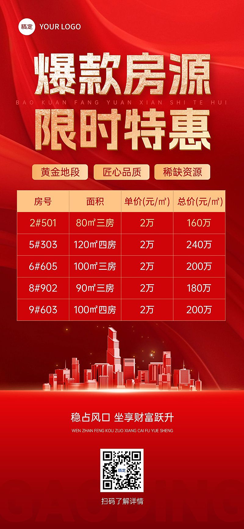 房地产中介促销感红金全屏竖版海报