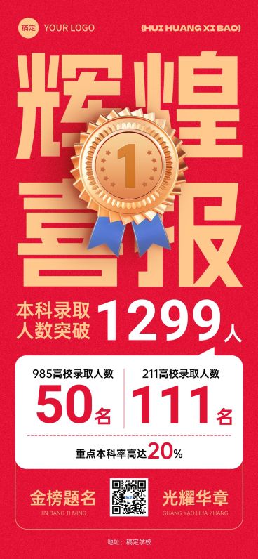 高考喜报扁平简约教育培训机构录取人数全屏海报预览效果