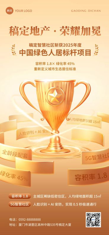喜报战报地产楼盘3D奖杯金色全屏海报预览效果