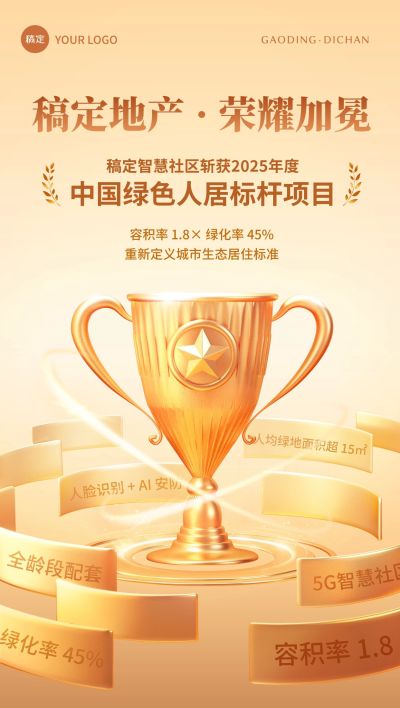 喜报战报地产楼盘3D奖杯金色全屏海报