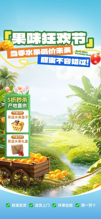 夏季绿色清新自然生鲜水果直播间背景贴片组合AIGC