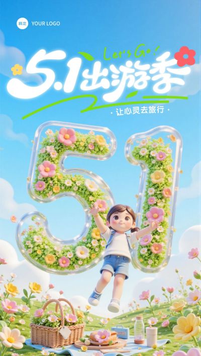 五一劳动节51出游季旅游3D风全屏海报AIGC