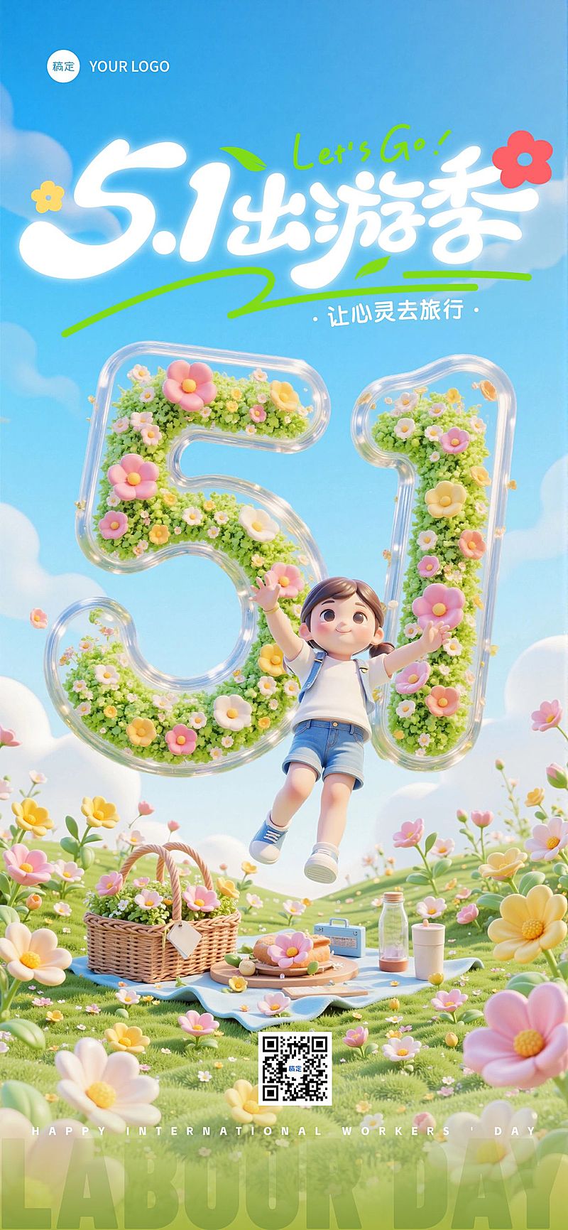 五一劳动节51出游季旅游3D风全屏海报AIGC