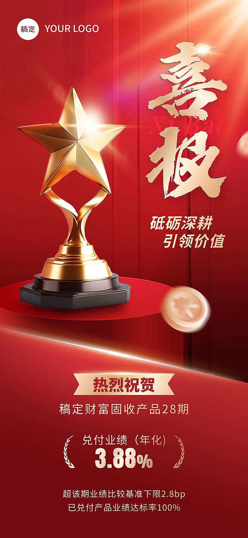 红色奖杯金融行业喜报全屏手机海报AIGC