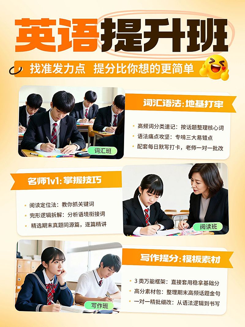 教育培训K12教育英语培训提升班课程介绍拼图小红书配图
