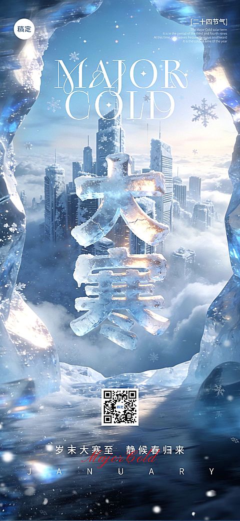 大寒节气祝福3d文字冬季通用全屏竖版海报