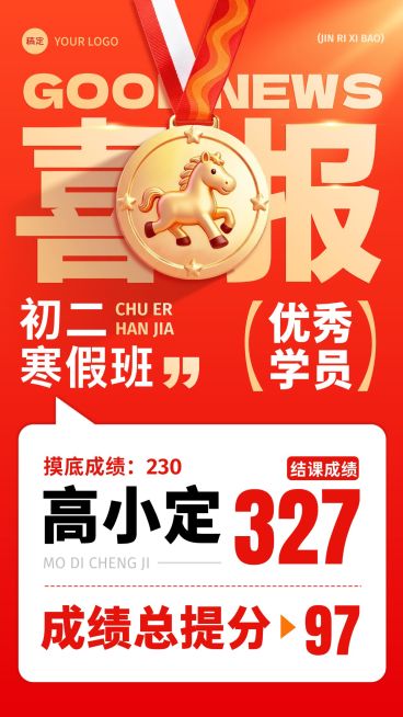 春节节日营销教育培训喜庆感趣味感成绩喜报竖版海报预览效果