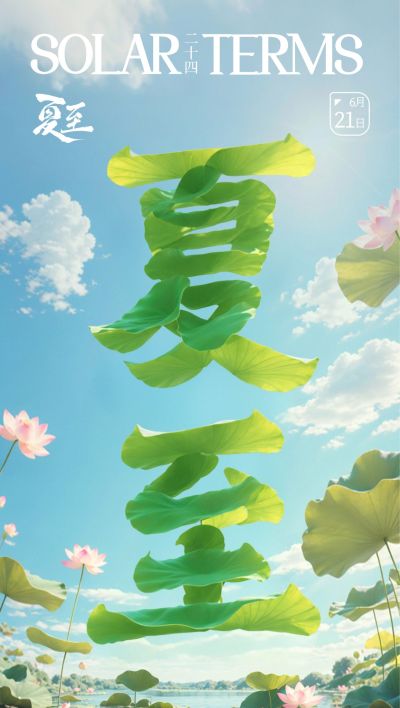 夏至实景感荷塘创意字型祝福海报AIGC