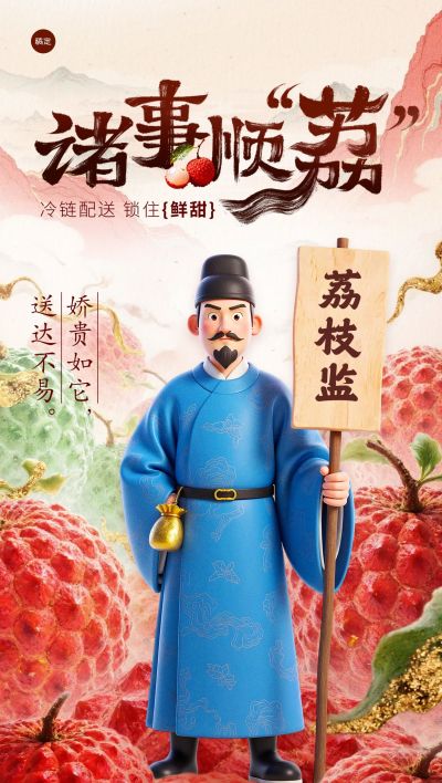 长安的荔枝3D国风人物荔枝背景全屏海报AIGC