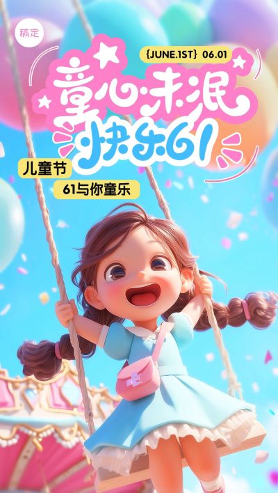 六一儿童节梦幻感小孩旋转木马乐园祝福海报AIGC