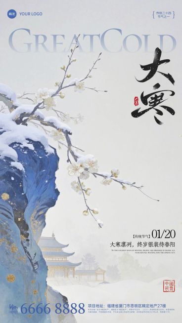 大寒节气祝福通用中式感梅花岩石竖版海报预览效果