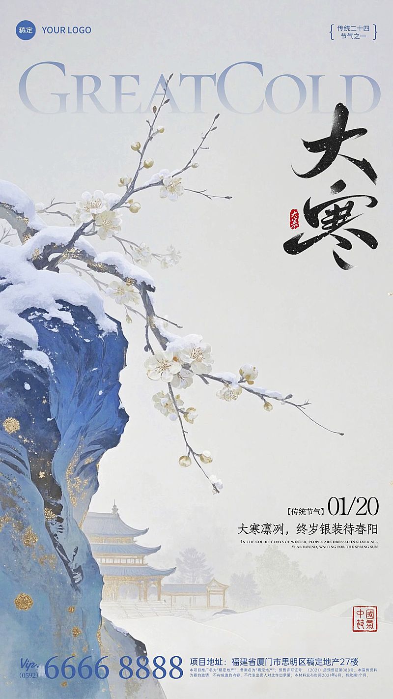 大寒节气祝福通用中式感梅花岩石竖版海报