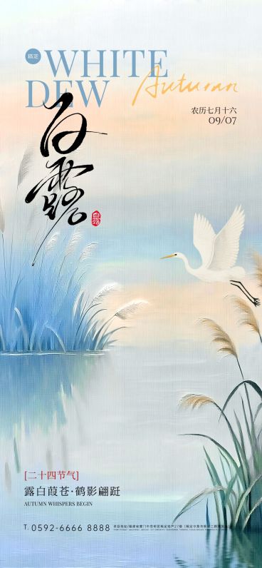 白露渐变湖泊白鹭芦苇海报AIGC预览效果