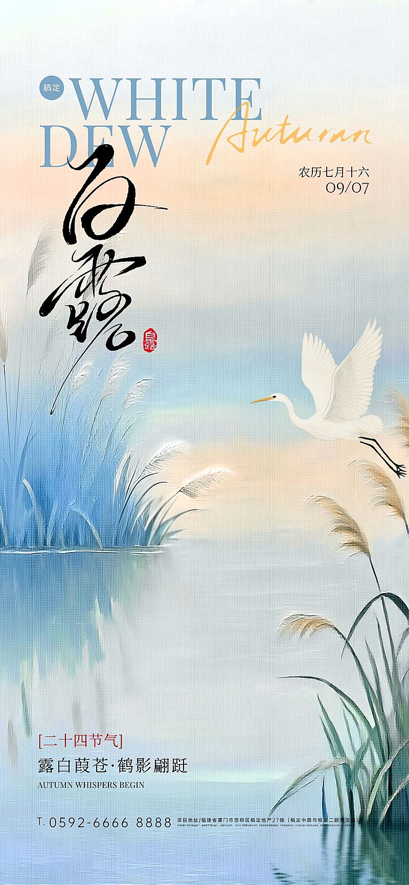 白露渐变湖泊白鹭芦苇海报AIGC