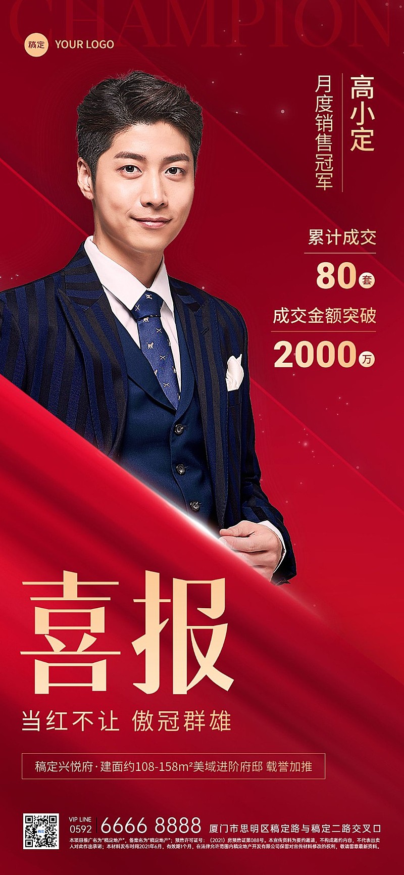房地产销售中介加推业绩表彰人物喜报全屏竖版海报