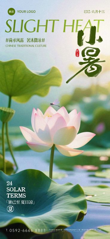 小暑节气清新感荷花蜻蜓海报AIGC预览效果