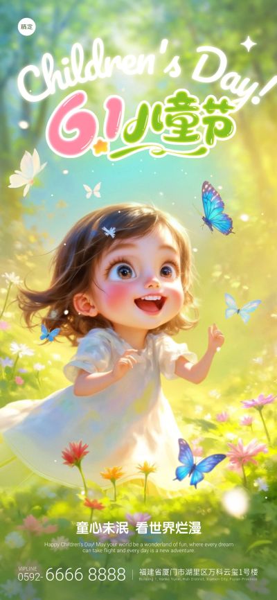 六一儿童节软3d小孩森林光感祝福海报AIGC