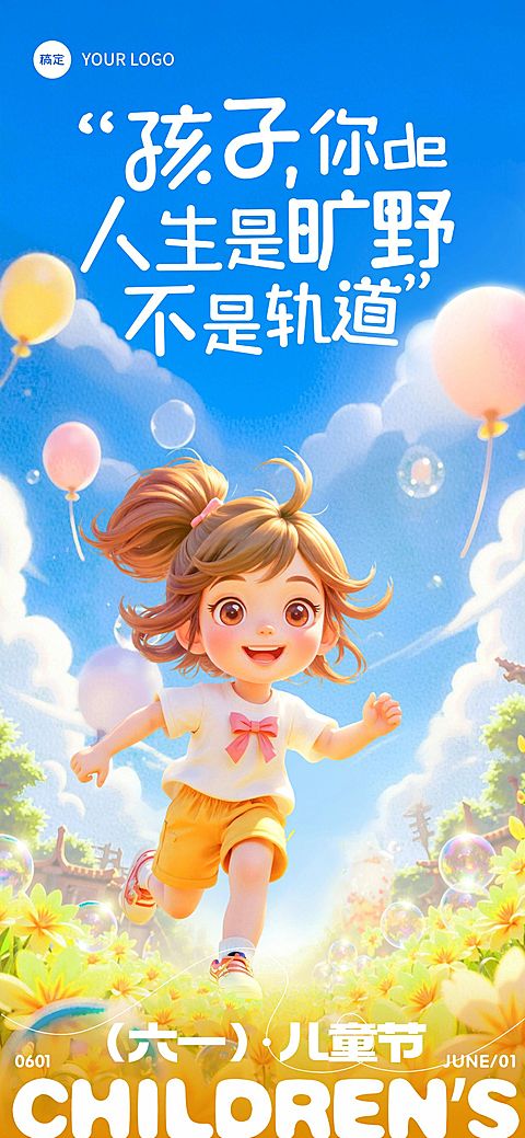 六一儿童节软3D奔跑祝福海报AIGC