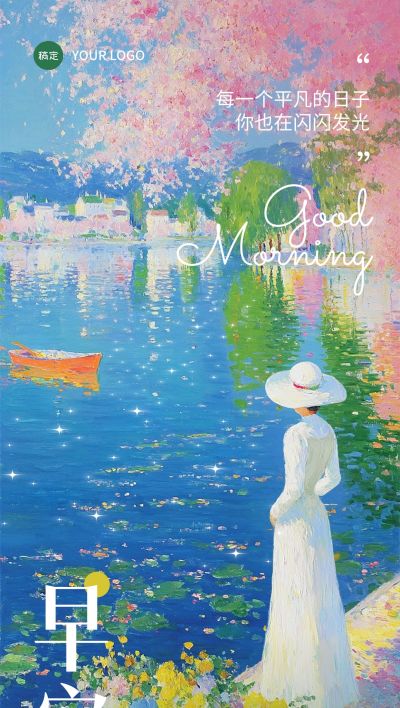 日签早安祝福问候正能量语录唯美油画风全屏竖版海报AIGC