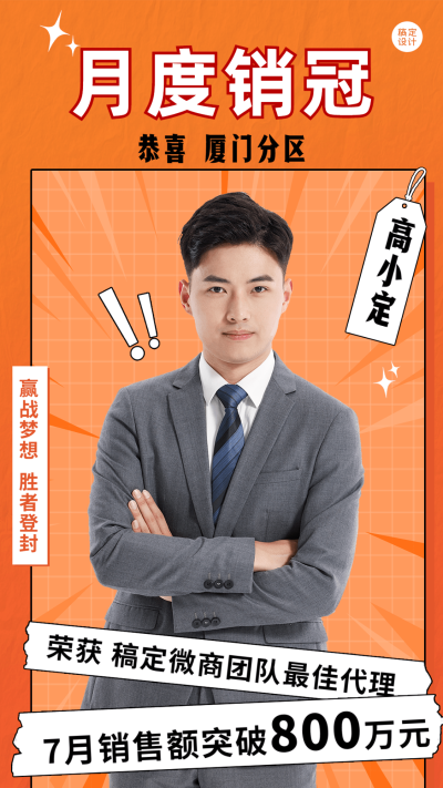 微商月度代理销售冠军表彰喜报贺报人物海报