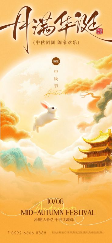 中秋祝福古风兔子山水建筑月亮海报AIGC预览效果