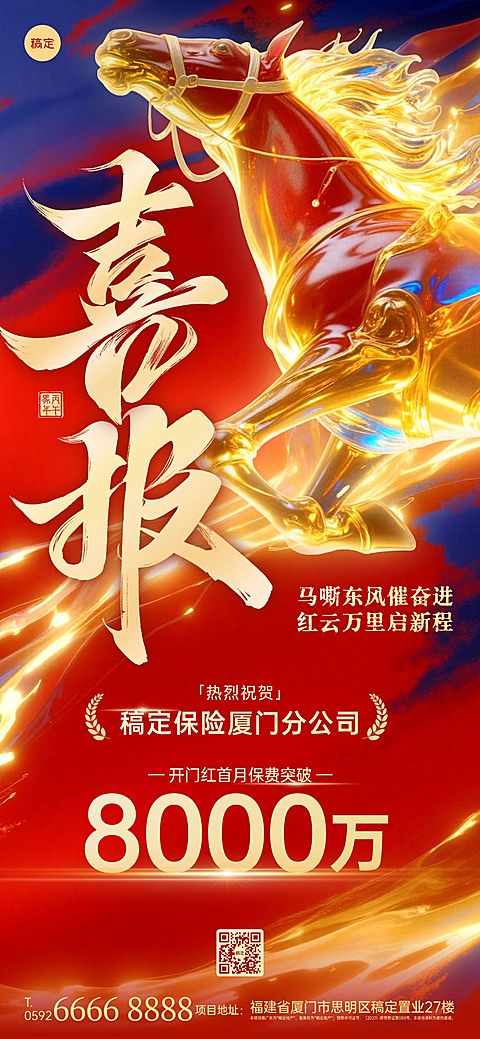 马年金融开门红喜报纹理感红金全屏竖版海报AIGC