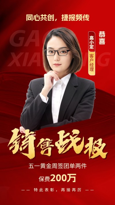 五一劳动节金融保险销售业绩表彰人物喜报喜庆手机海报