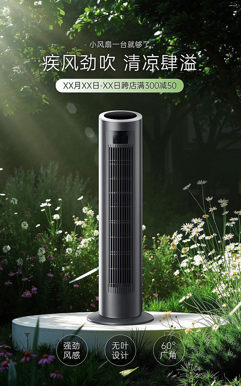 电商风扇数码家电产品展示营销清新实景感电商竖版海报AIGC