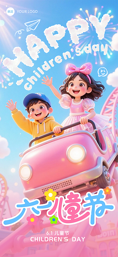 六一儿童节软3D儿童游乐园祝福海报AIGC