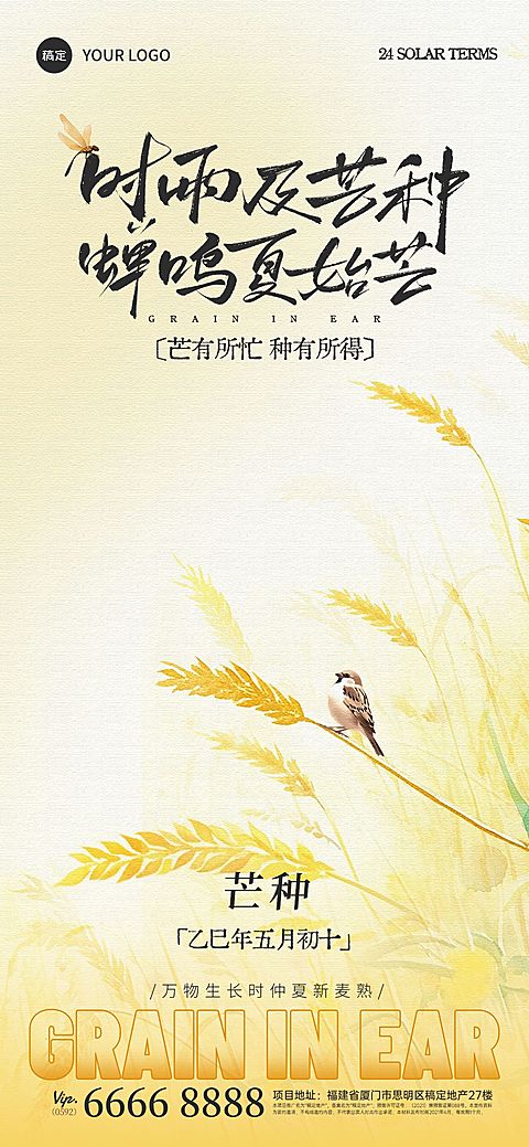 芒种节气弥散渐变水稻插画祝福海报AIGC