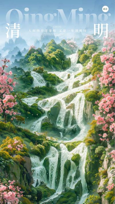 清明节3D创意字瀑布海报AIGC
