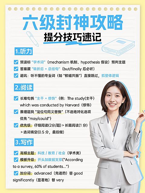 教育培训高等教育四六级提分技巧攻略分享人像小红书配图
