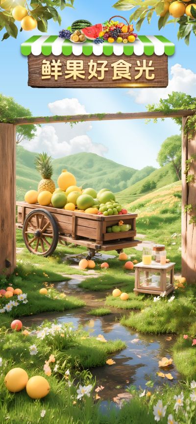 夏季生鲜果蔬实景清新感水果果园直播背景aigc