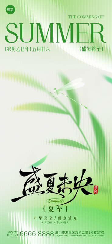 夏至节气肌理渐变树叶蜻蜓海报预览效果
