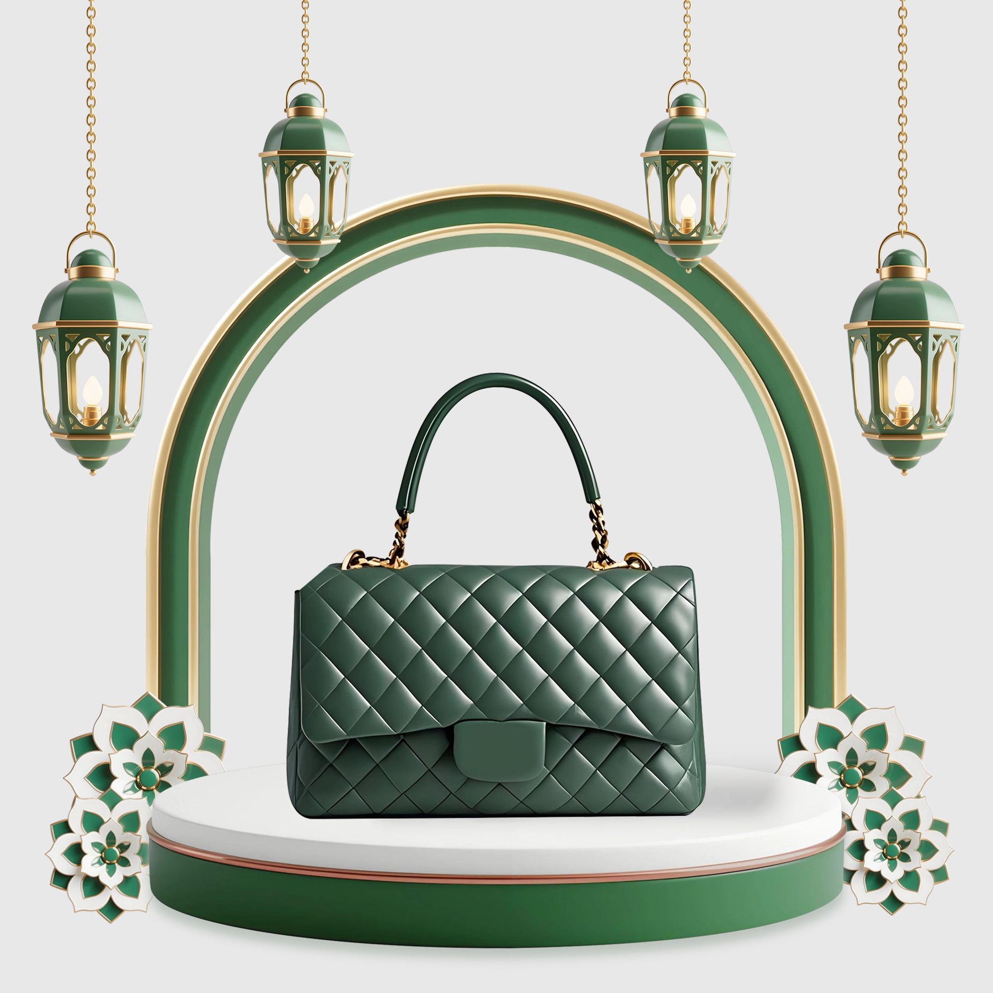 Eid Al Adha Luxurious Green and White Women's Handbag Display Podium E-commerce Product Image