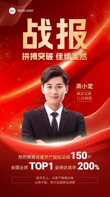 金融证券销售业绩表彰人物喜报战报喜庆手机海报预览效果