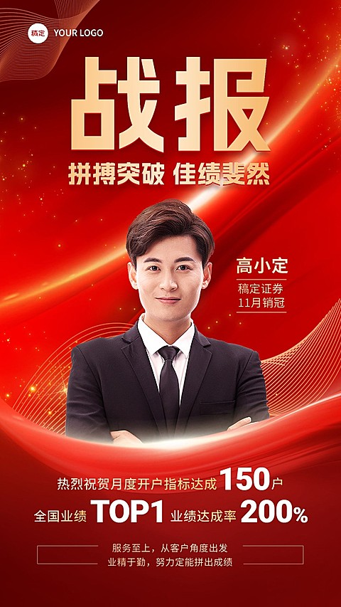 金融证券销售业绩表彰人物喜报战报喜庆手机海报