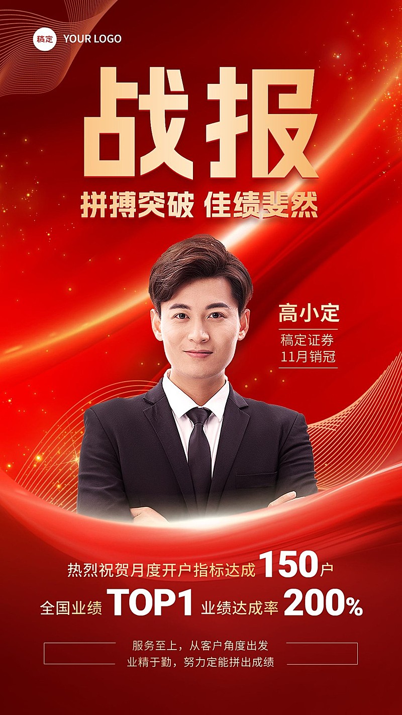 金融证券销售业绩表彰人物喜报战报喜庆手机海报