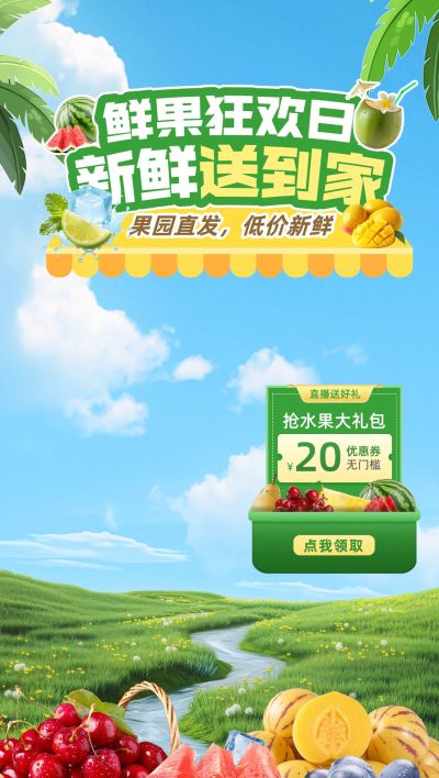 果蔬生鲜夏季实景清凉感夏日水果直播背景贴片组合aigc