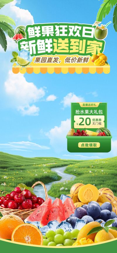 果蔬生鲜夏季实景清凉感夏日水果直播背景贴片组合aigc