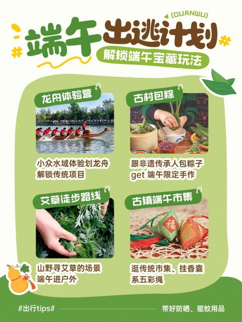 端午节旅游攻略通用粽叶龙舟艾草可爱感小红书配图预览效果