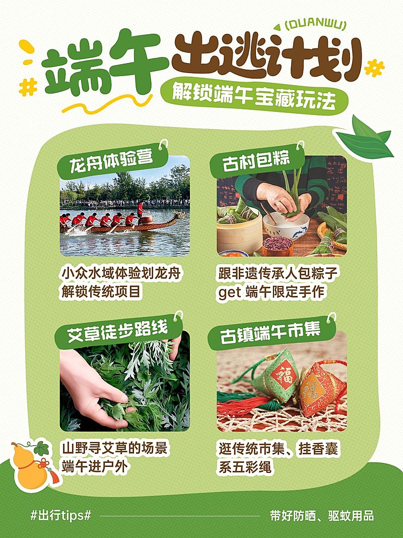 端午节旅游攻略通用粽叶龙舟艾草可爱感小红书配图
