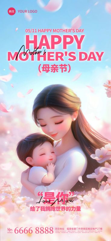 母亲节温馨感3D母亲抱孩子氛围背景全屏海报预览效果