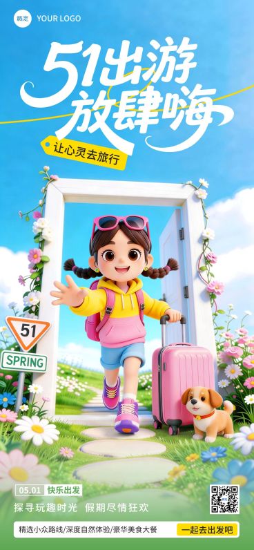 51五一劳动节营销卖货旅游出行活泼感全屏海报预览效果
