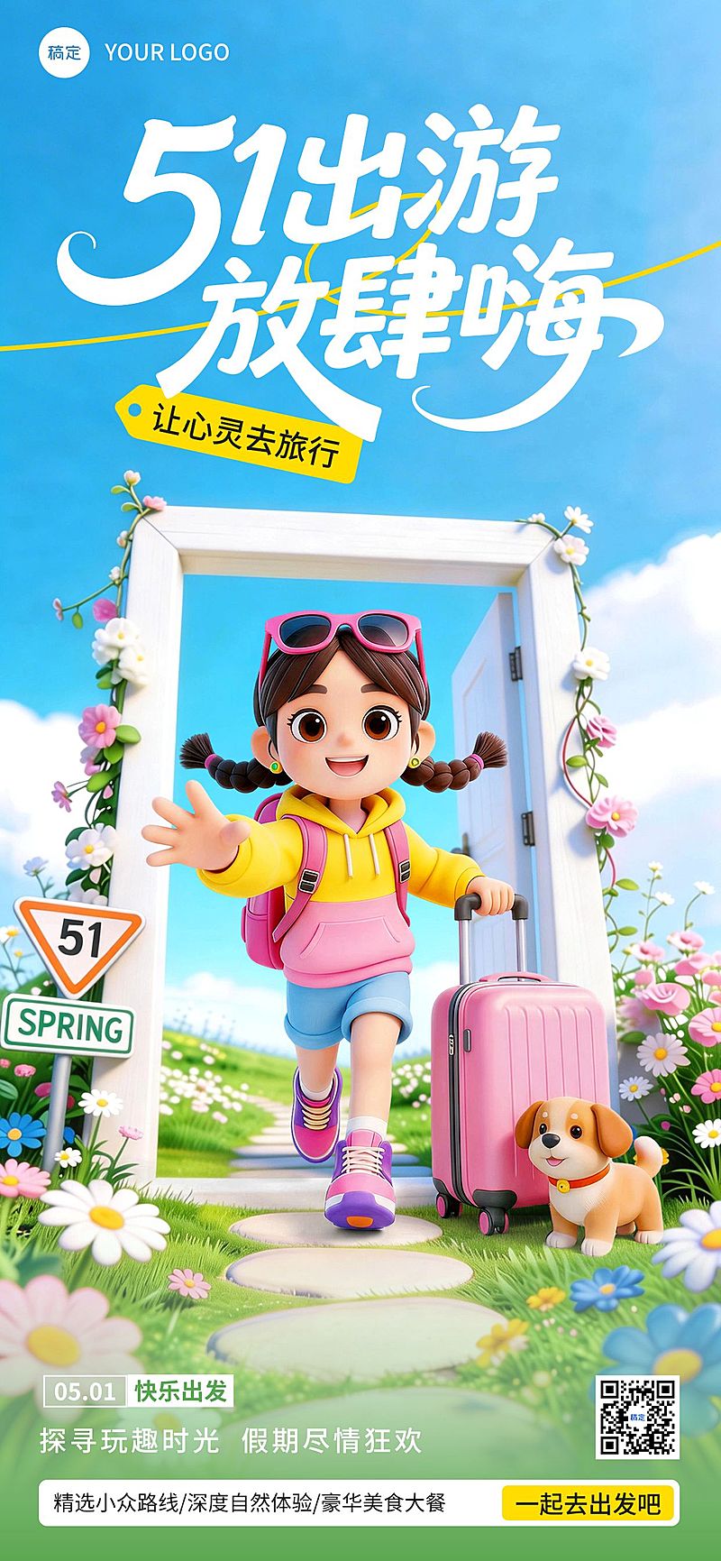 51五一劳动节营销卖货旅游出行活泼感全屏海报