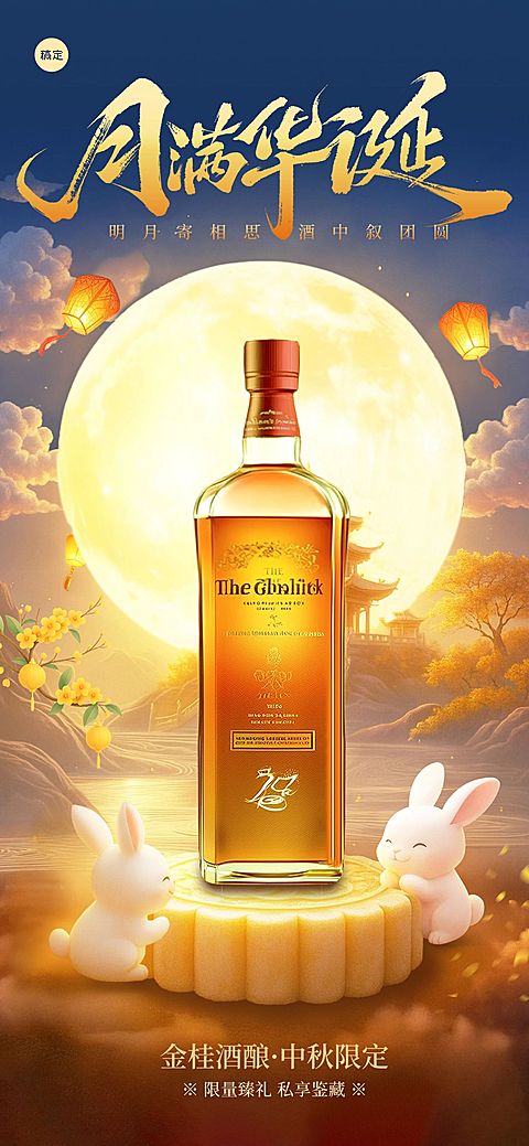 中秋酒类促销3D兔子月饼月亮建筑海报AIGC