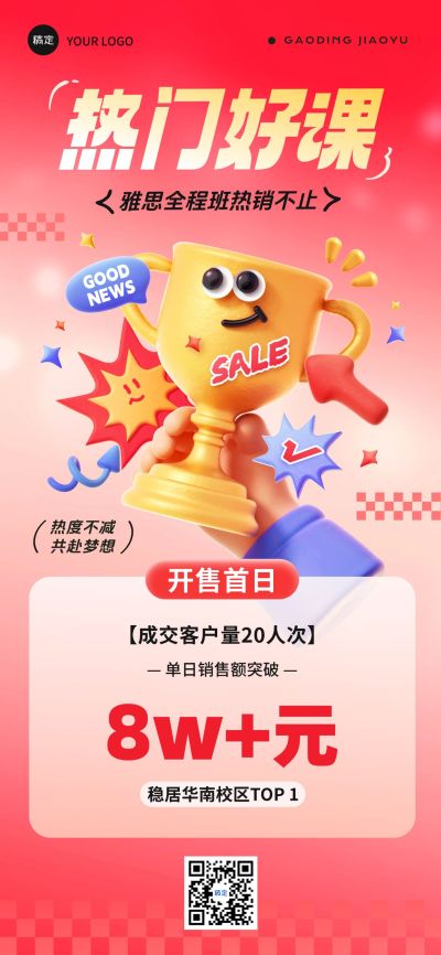 课程销售成交单量3D奖杯喜报全屏海报AIGC
