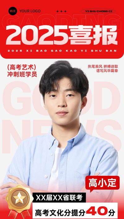 高考喜报扁平简约成绩单录取通知带人像全屏海报