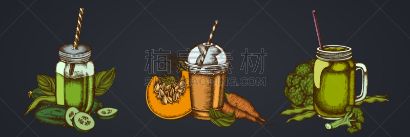 西兰花,胡萝卜,青豆,饮料,农业,蔬菜,素食,暗色,清新,杯
